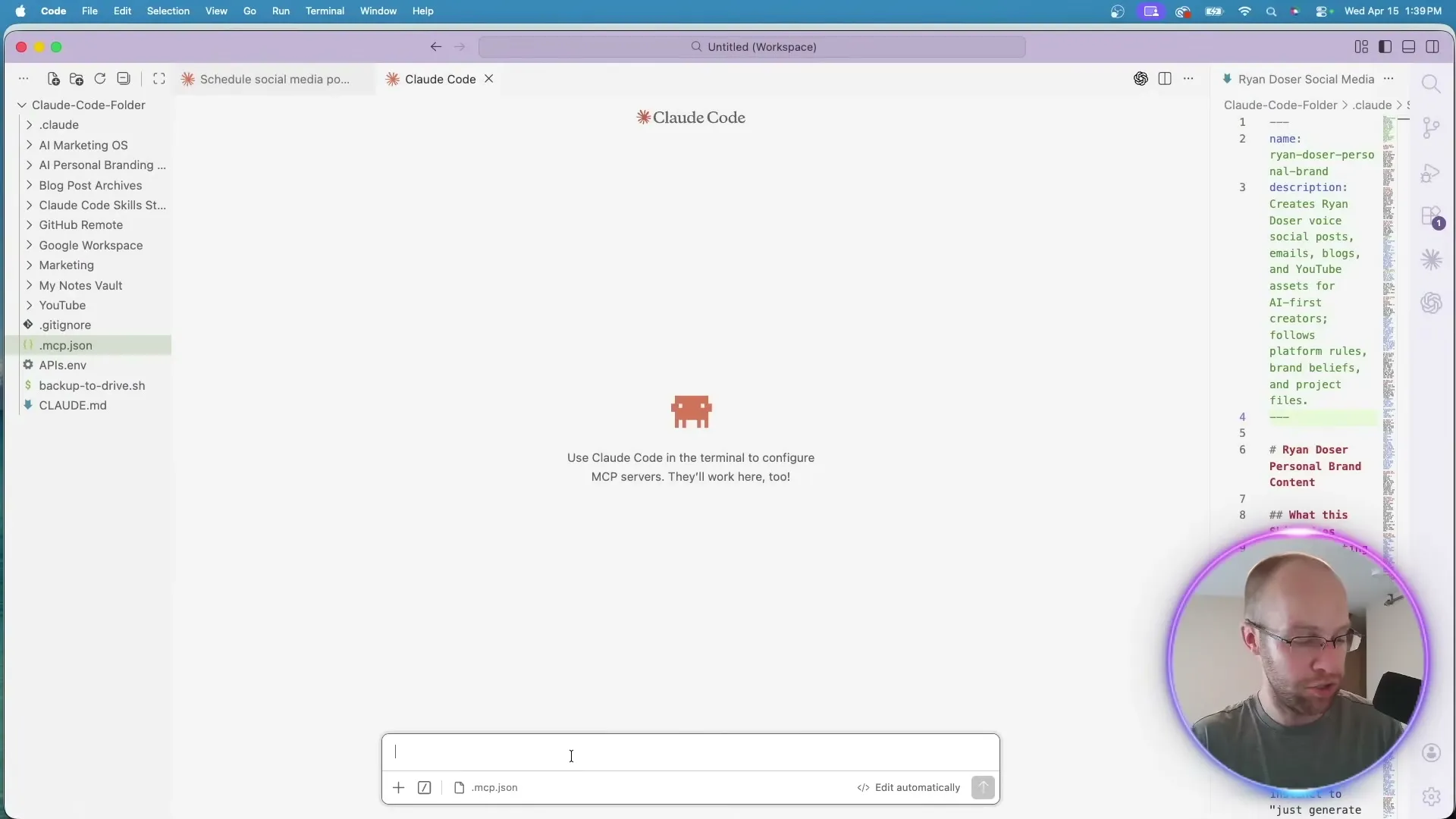 Claude Code open in VS Code with a personal social media skill file and the MCP config side by side.