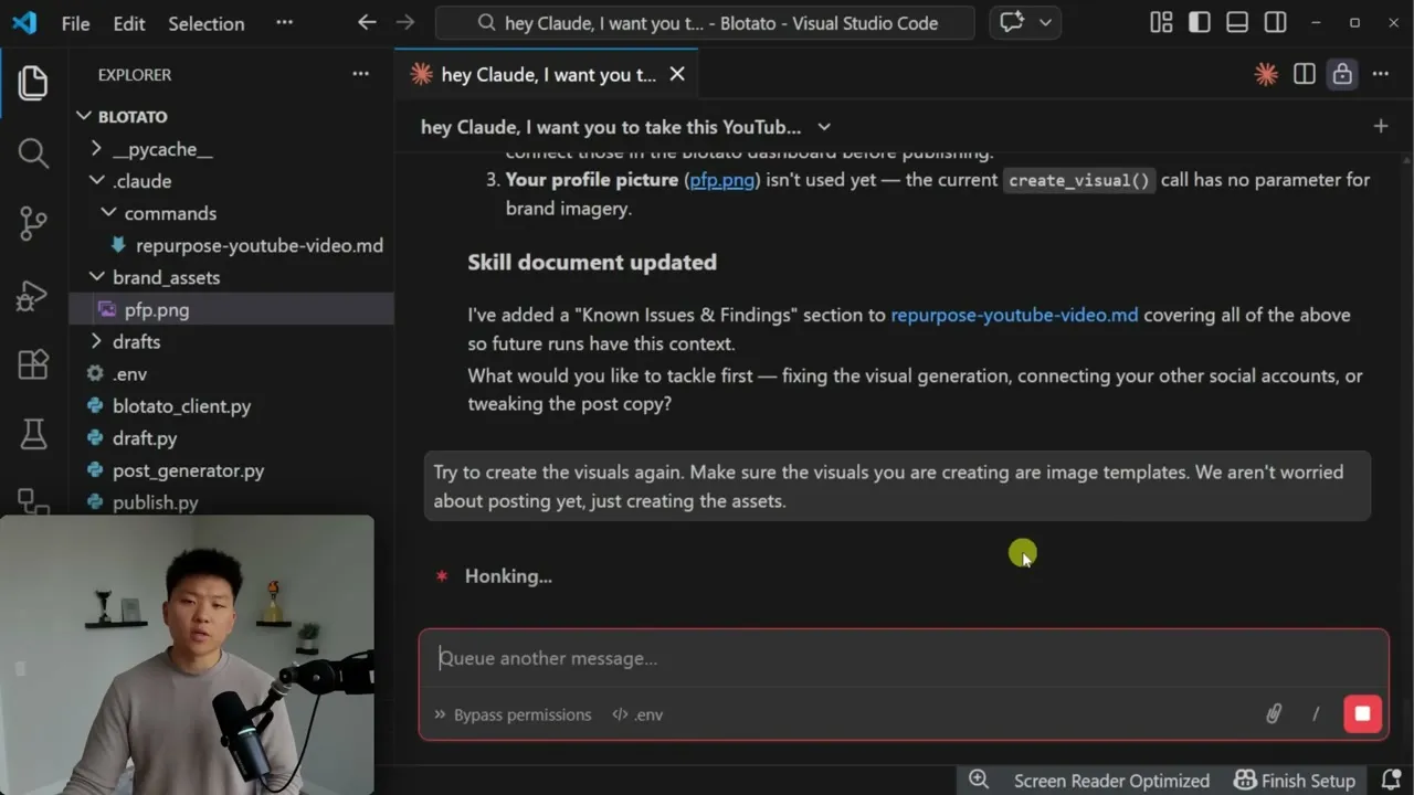 Claude Code reporting that it added a Known Issues and Findings section to the repurpose-youtube-video skill file so future runs carry the context.