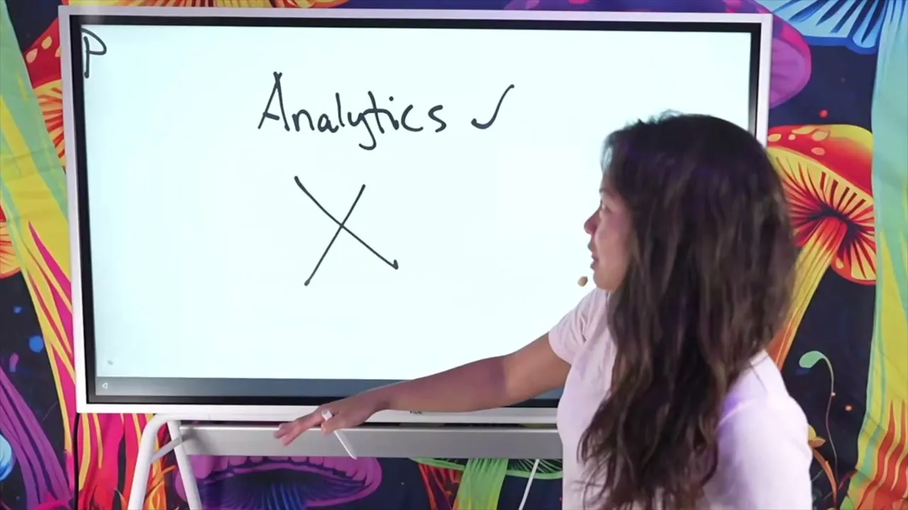 Whiteboard with "Analytics" crossed out, illustrating the advice to skip the analytics tab early on.
