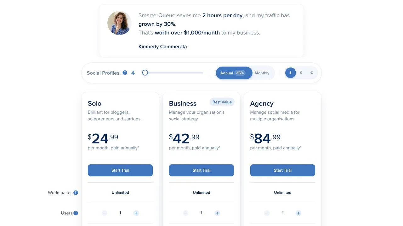 MeetEdgar alternatives: SmarterQueue pricing page showing Solo, Business and Agency plans