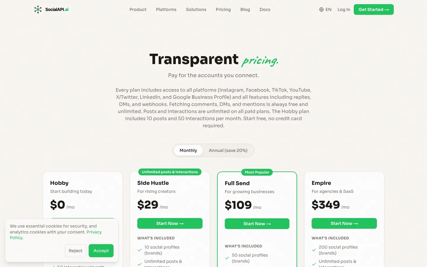 SocialAPI.ai transparent pricing page showing Hobby, Side Hustle, Full Send, and Empire plans