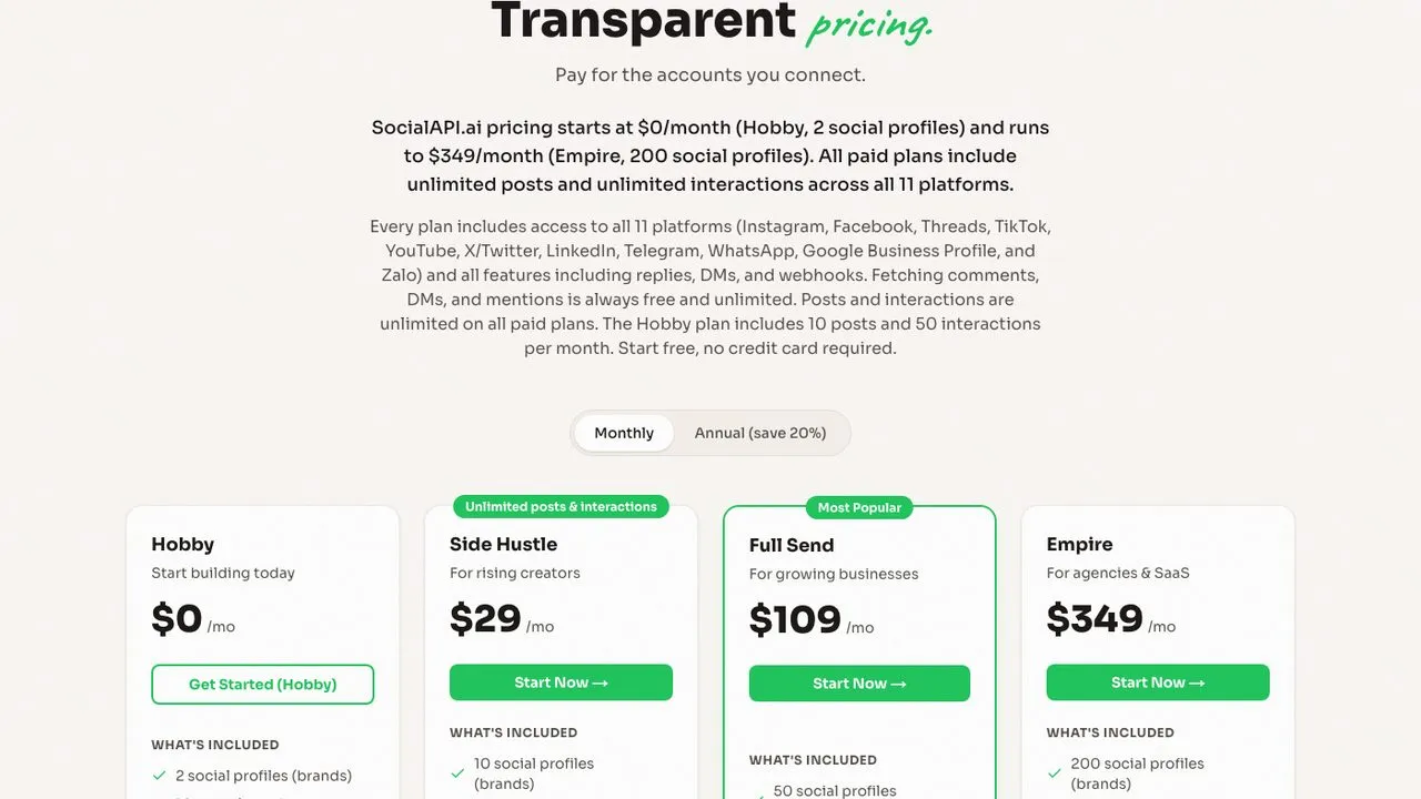 SocialAPI alternatives: SocialAPI.ai pricing page showing Hobby, Side Hustle, Full Send and Empire tiers