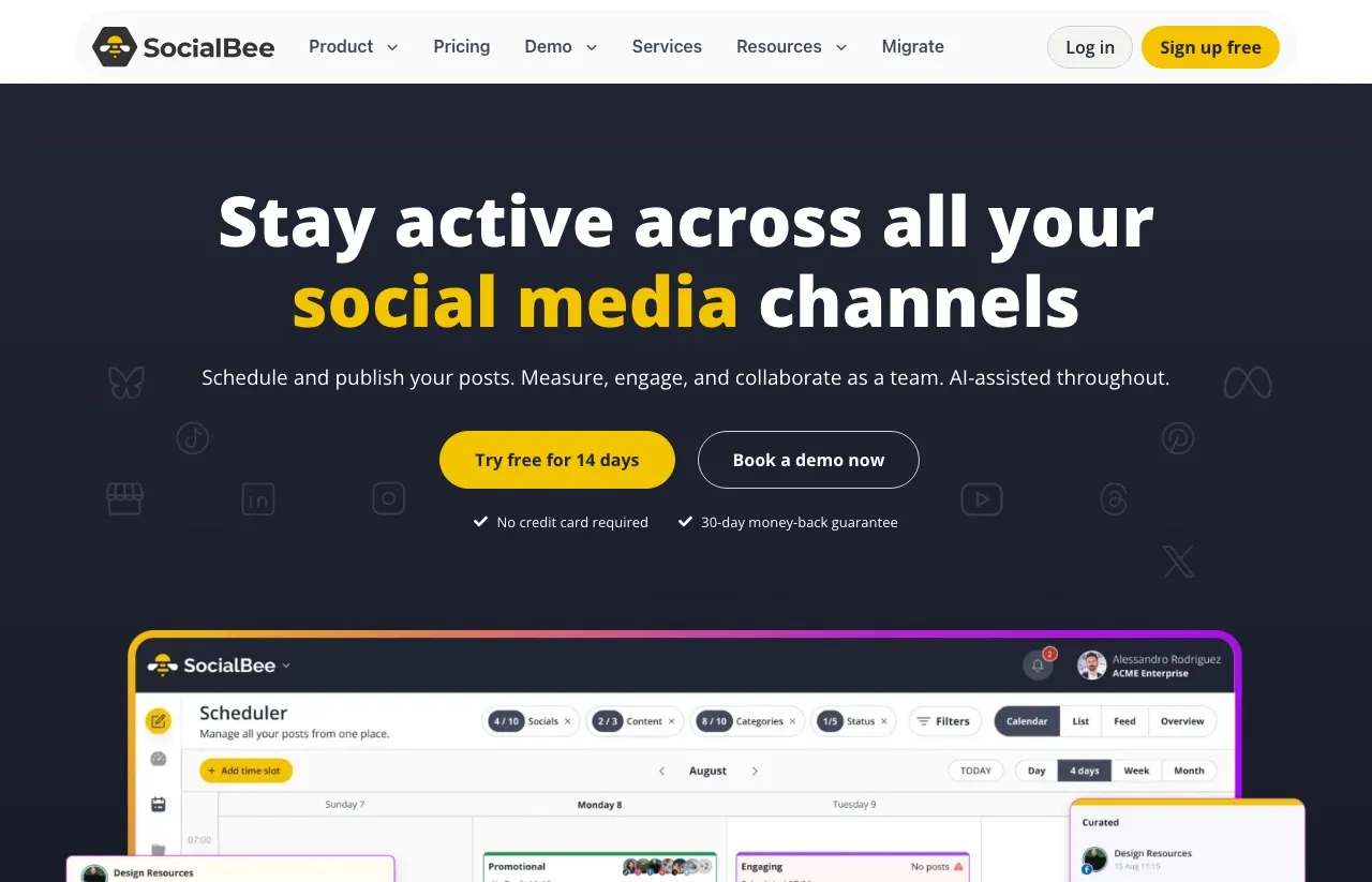 SocialBee's homepage: stay active across all your social media channels, with AI-assisted scheduling, publishing, and team collaboration.