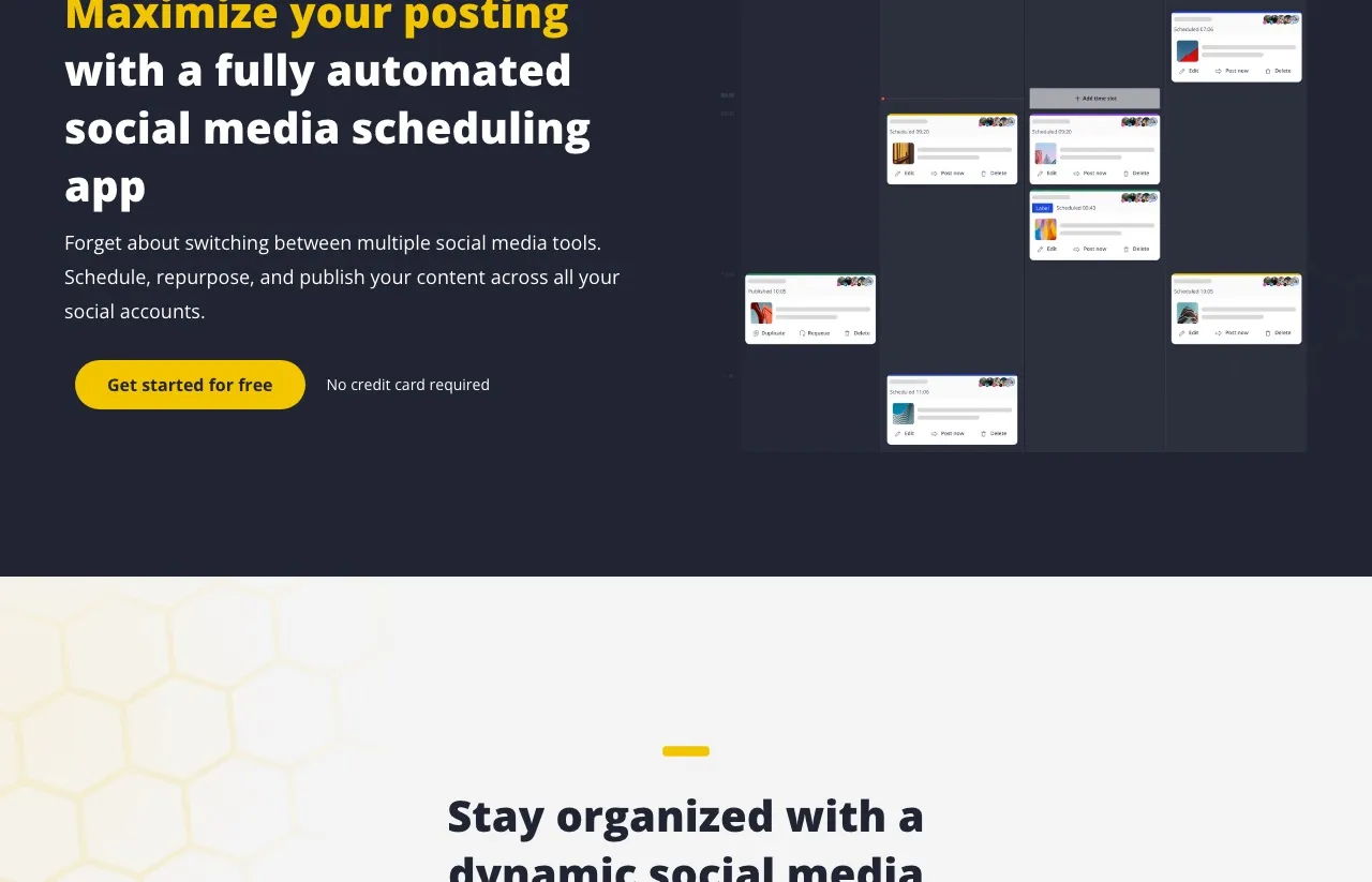 SocialBee's scheduling app: queue posts across all your accounts and let the category system publish them on a set cadence.