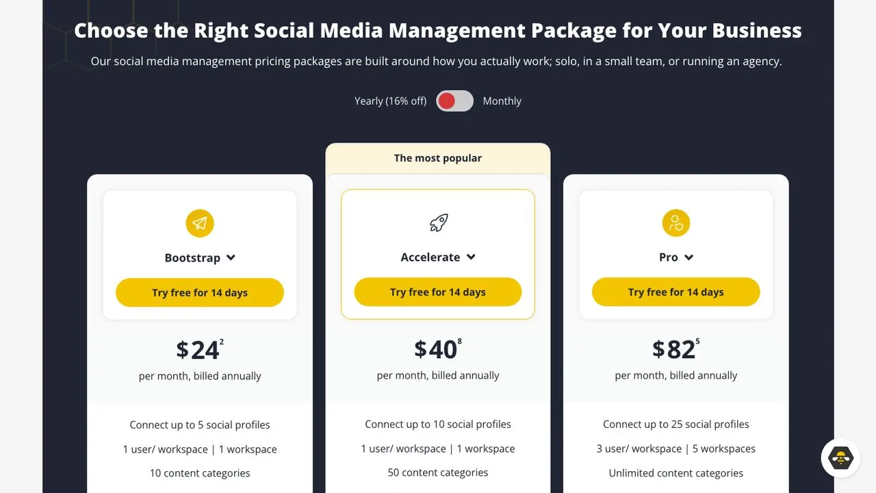 MeetEdgar alternatives: SocialBee pricing page showing Bootstrap, Accelerate and Pro plans