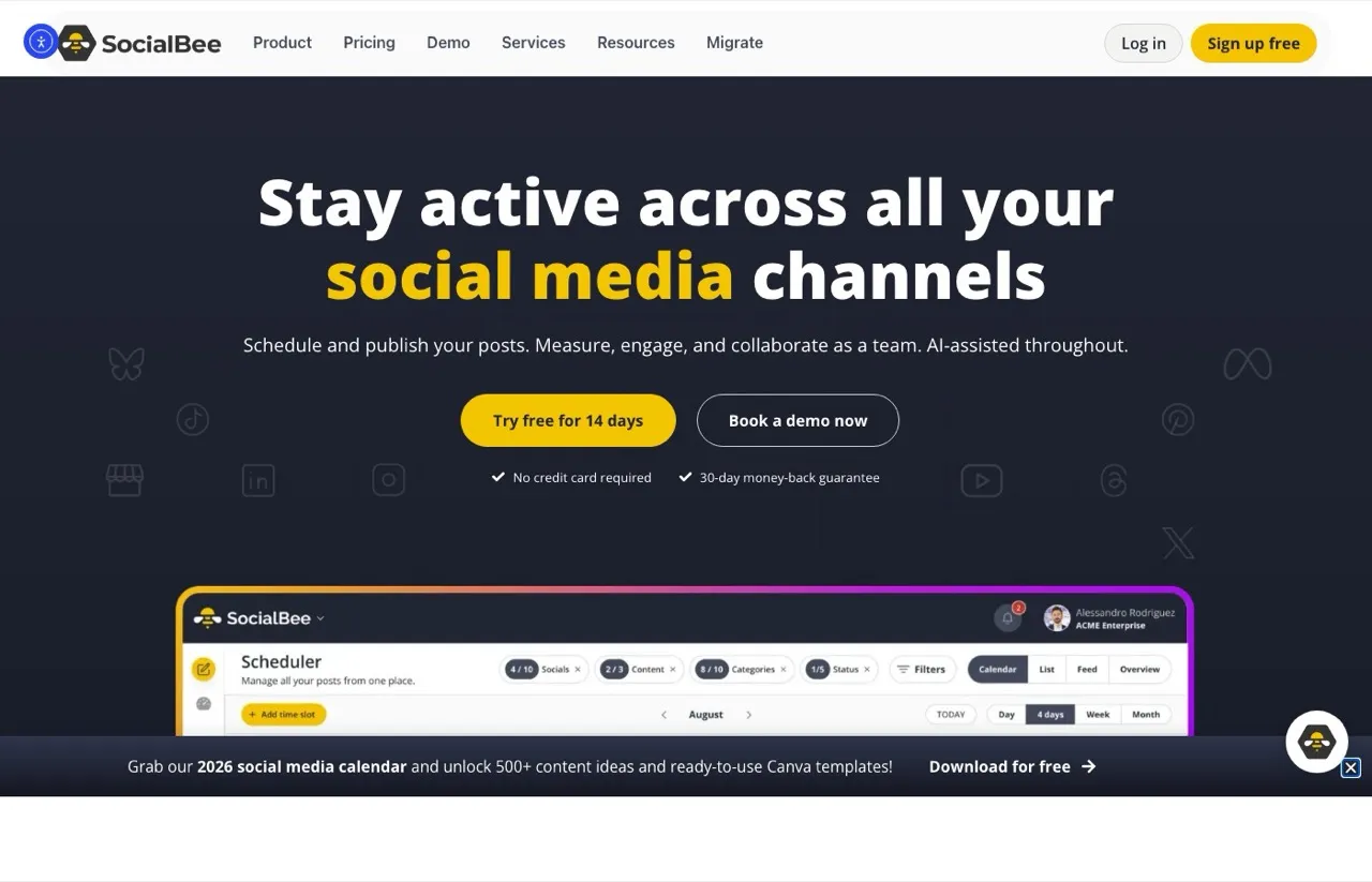 Buffer alternative SocialBee homepage showing content categories and post recycling features
