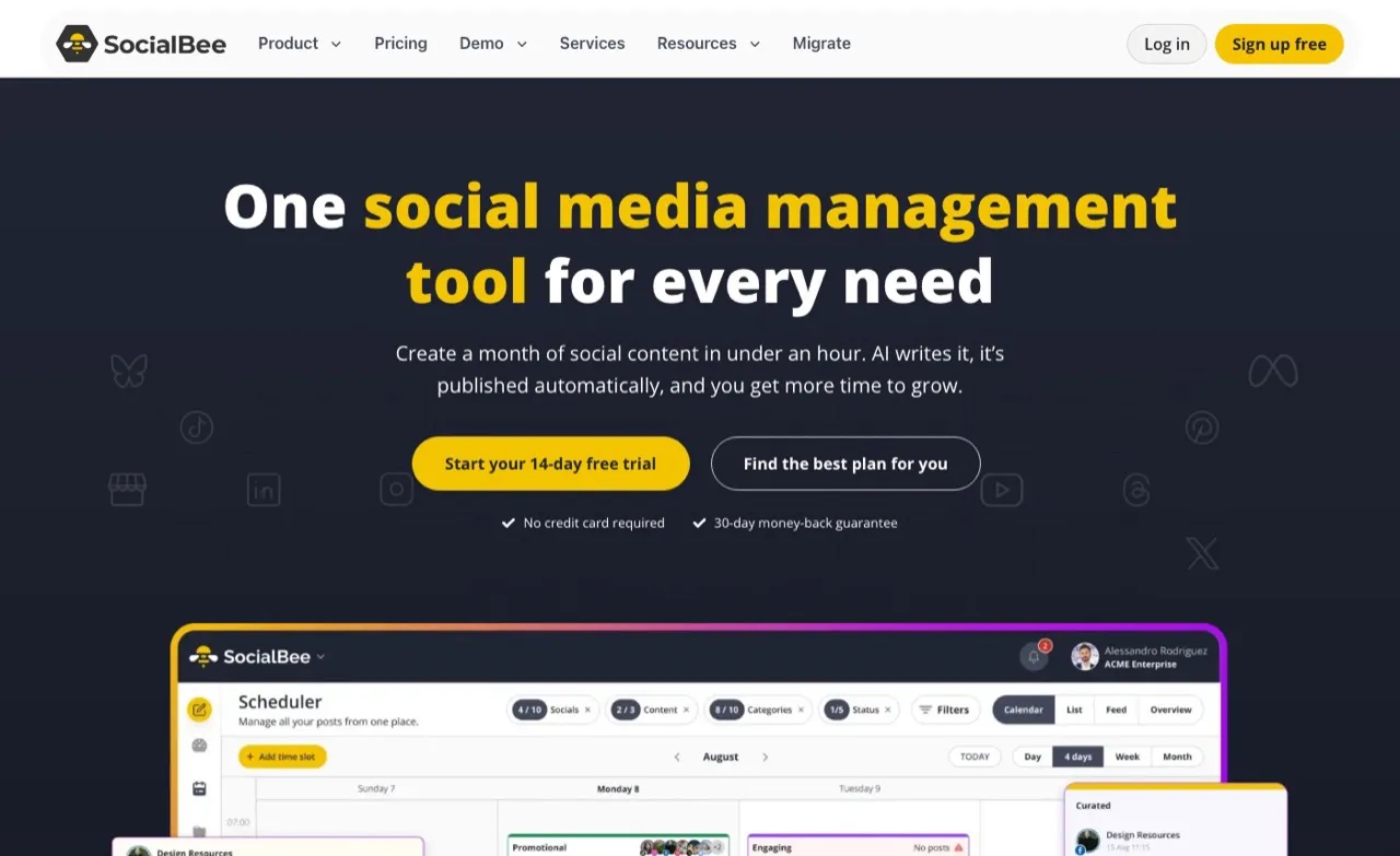WoopSocial alternative SocialBee homepage showing a social media management tool with AI content creation