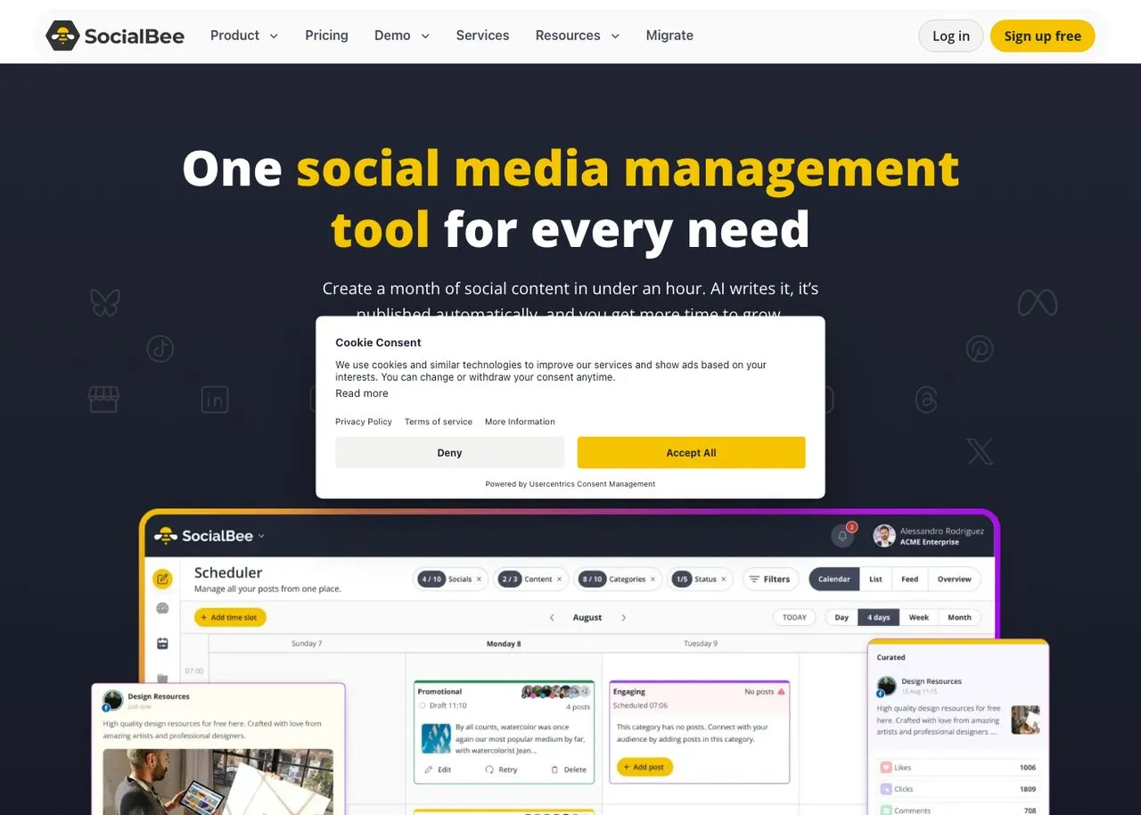 RobinReach alternative SocialBee, category-based social media scheduling homepage