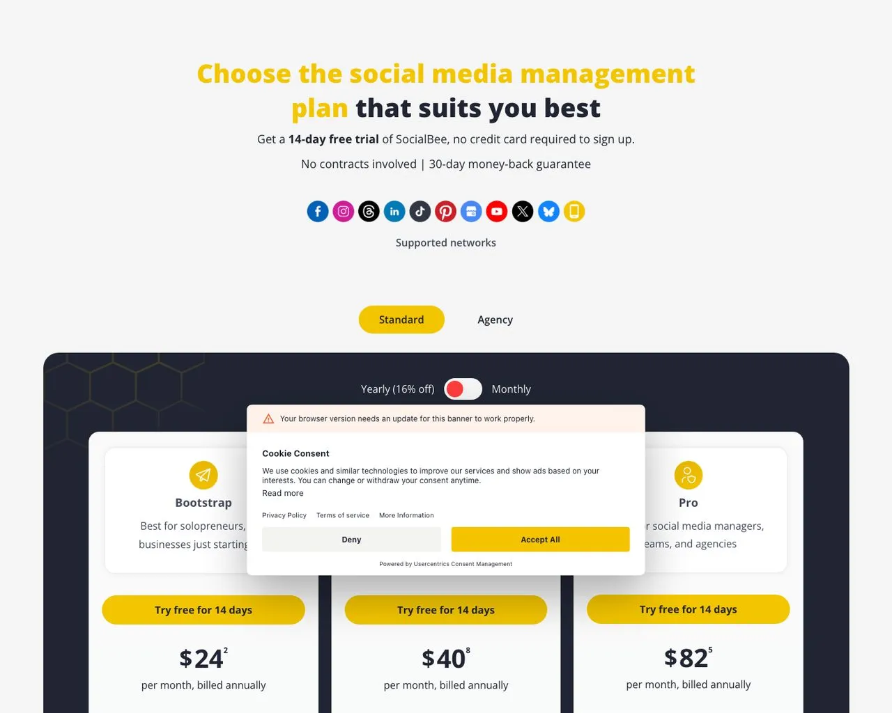 Loomly alternative SocialBee pricing page showing Bootstrap, Accelerate and Pro plans