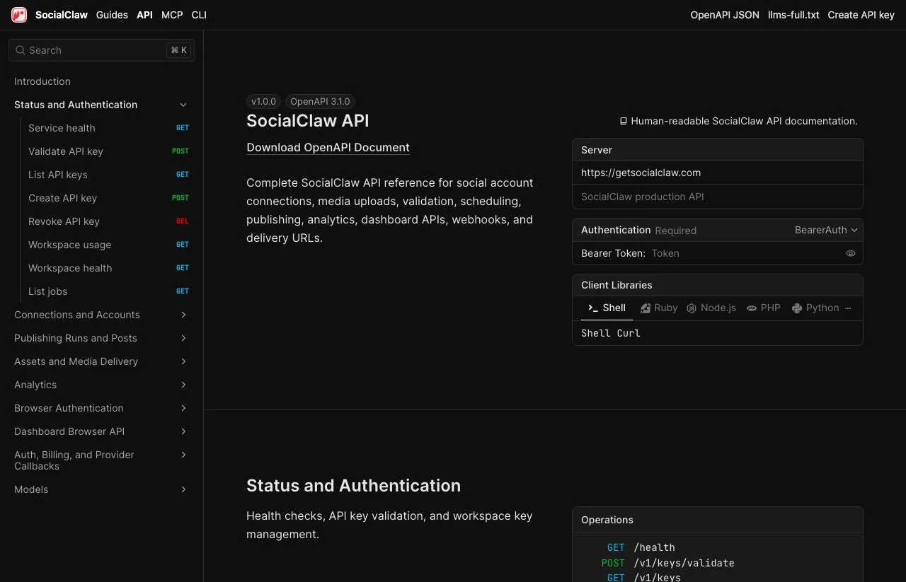 The SocialClaw API reference sidebar: connections, publishing runs and posts, assets, analytics and dashboard APIs, with no inbox or messaging category.