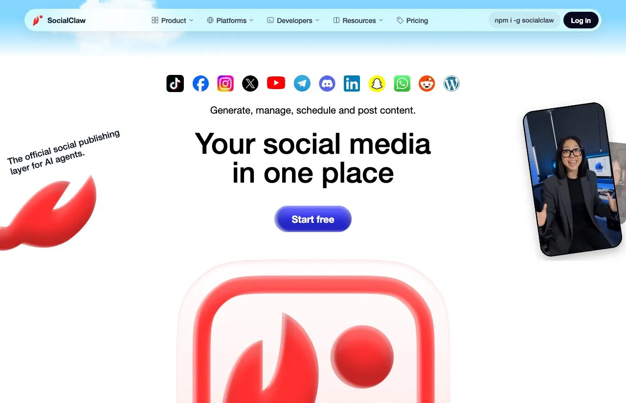 SocialClaw's homepage, positioning it as the official social publishing layer for AI agents.