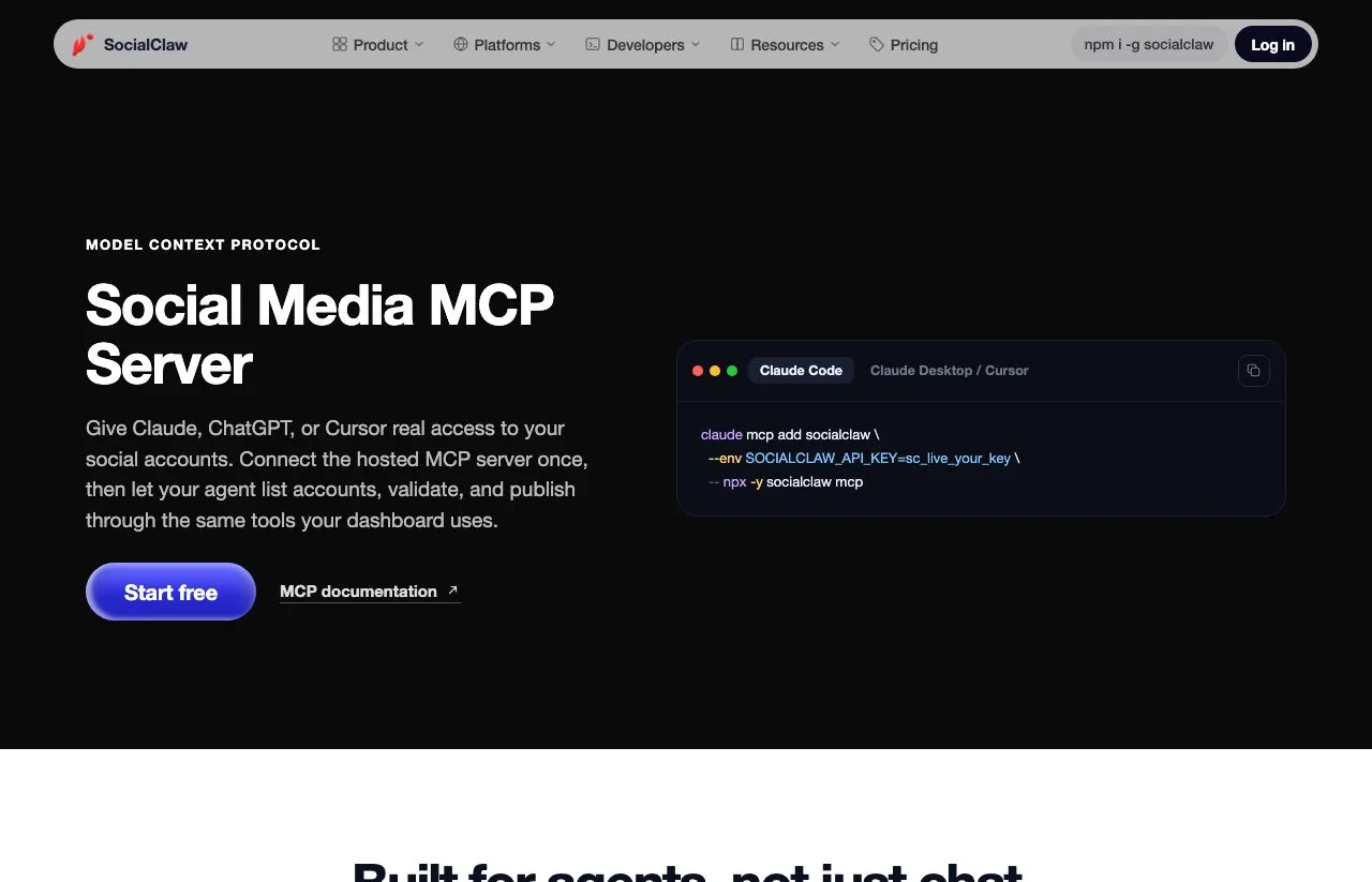 SocialClaw's MCP server page, listing validation-first publishing, the full publishing lifecycle, and one workspace key across the dashboard, API and CLI.