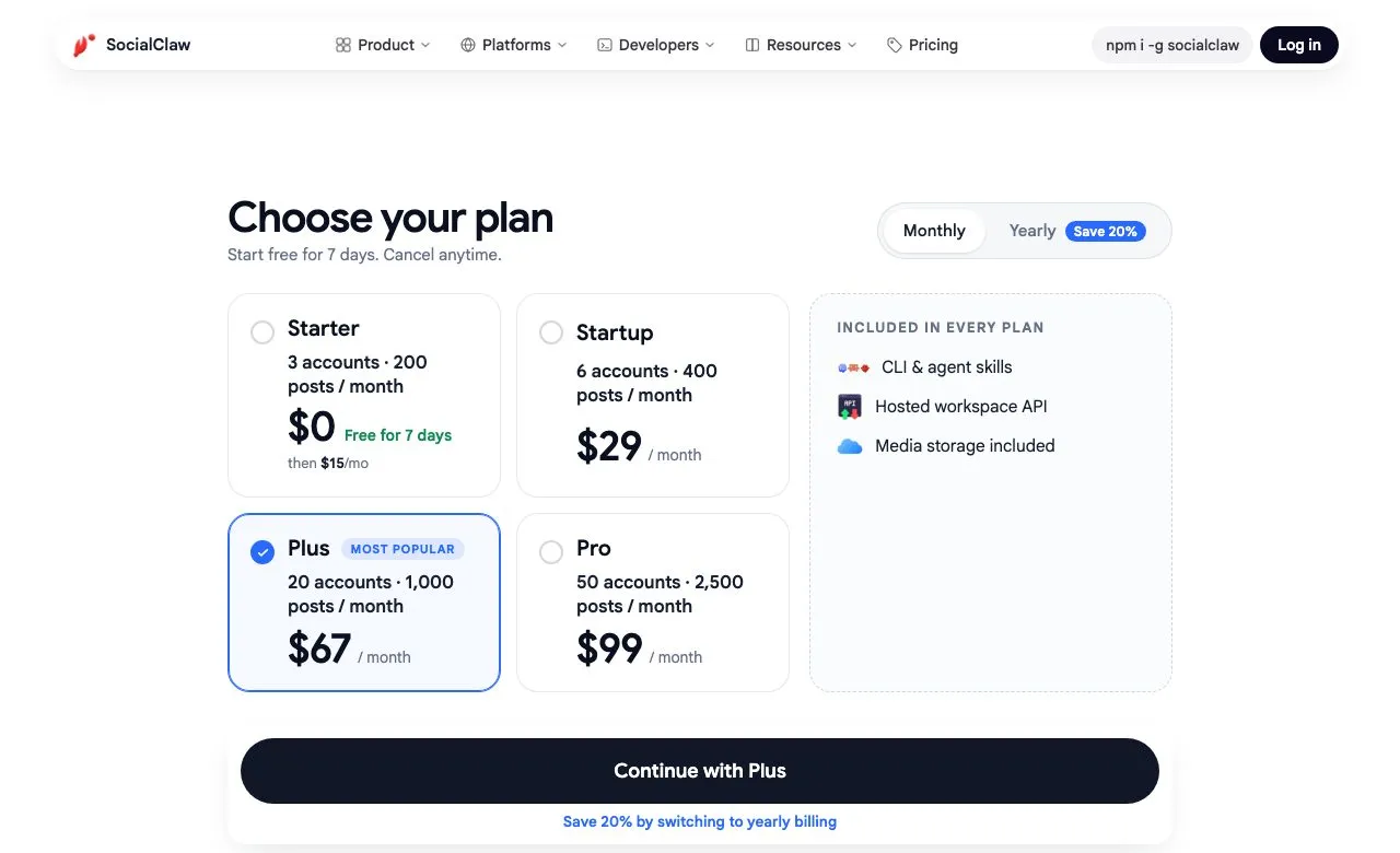 SocialClaw's pricing page on the Monthly toggle: Starter $15 for 3 accounts and 200 posts, Startup $29, Plus $67, Pro $99, with the API included in every plan.