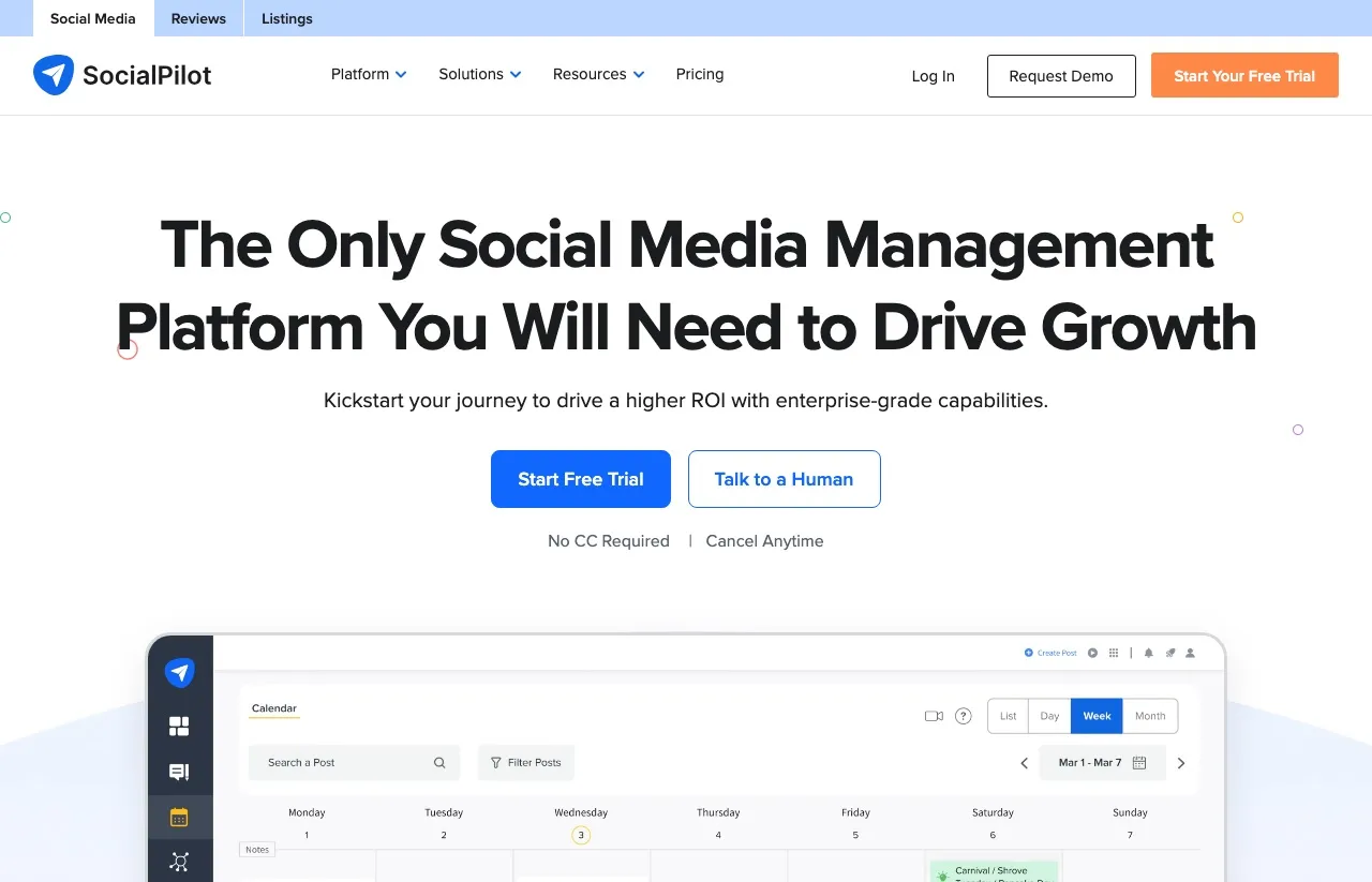 SocialPilot's homepage showing their calendar-based social media management platform with scheduling interface.