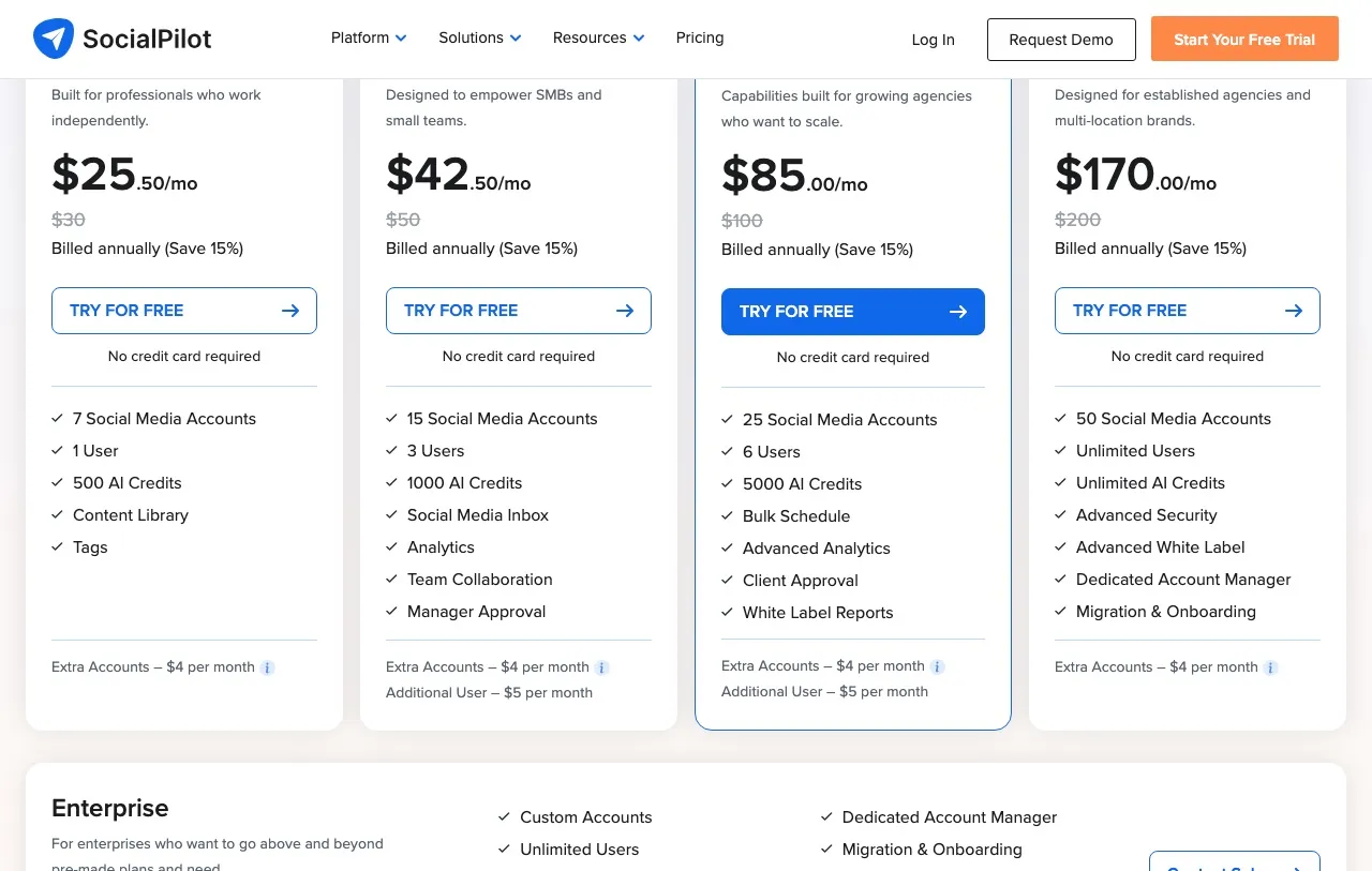 SocialPilot plans page showing Essentials at $25.50, Standard at $42.50, Premium at $85 and Ultimate at $170 per month billed annually