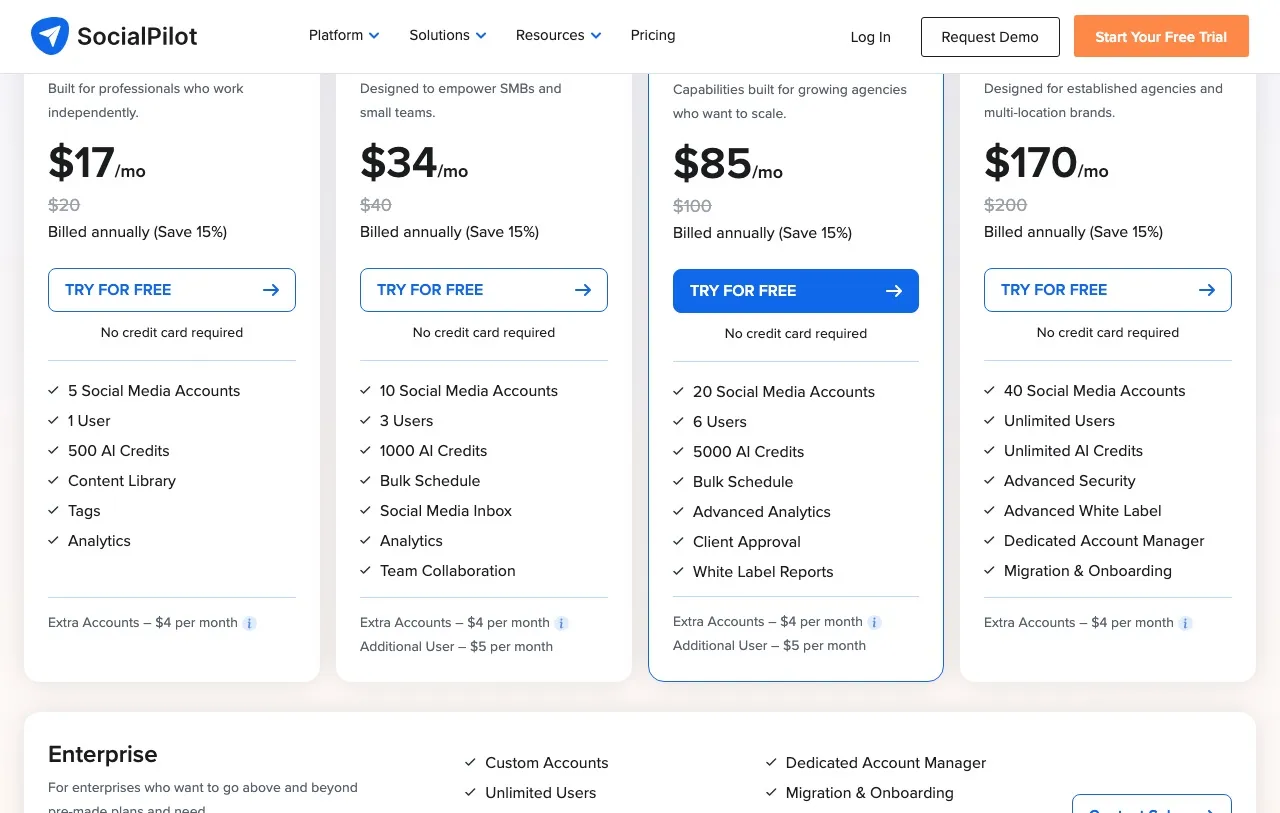 SocialPilot pricing page on annual billing showing the same four tier names at $17, $34, $85 and $170 per month with 5, 10, 20 and 40 social media accounts