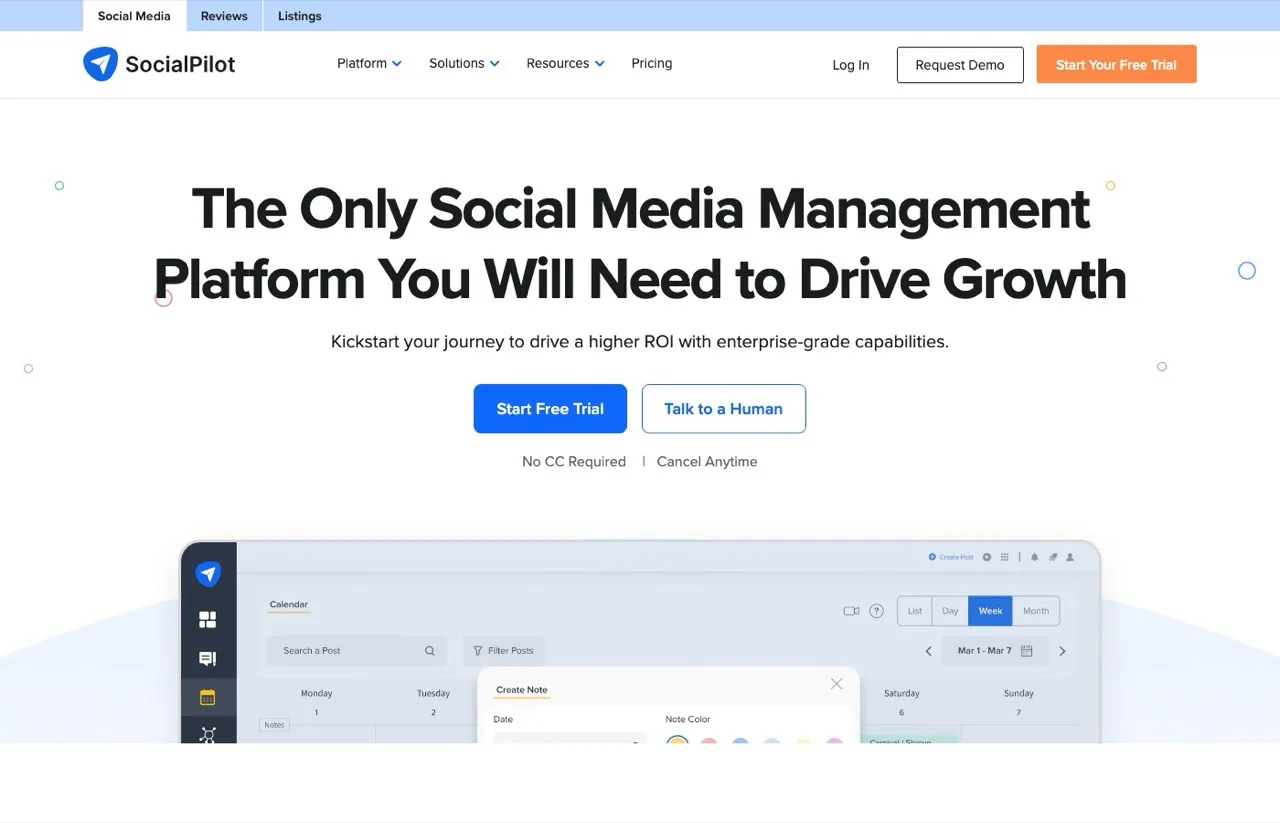 Buffer alternative SocialPilot homepage showing social media scheduling and client management