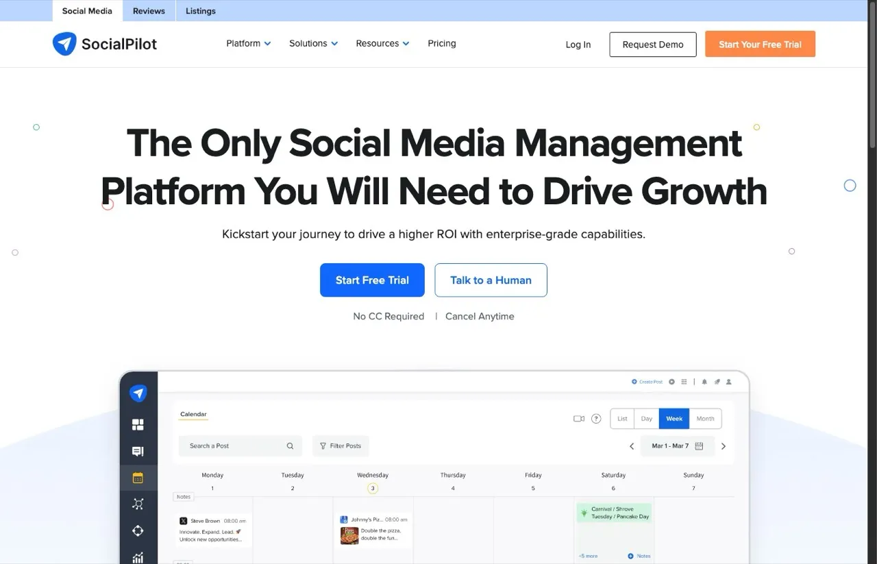 Hootsuite alternative SocialPilot homepage showing flat-rate social media management for small agencies