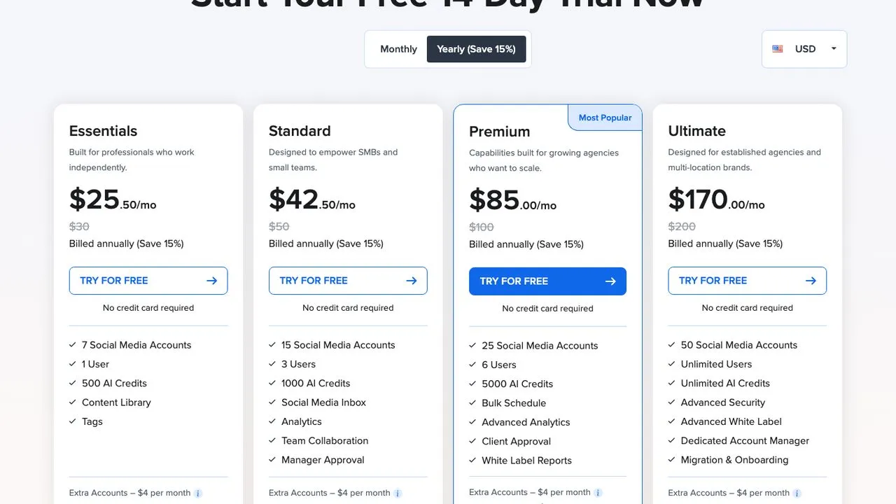 SocialPilot plans page showing tiers from $30 a month with team members included