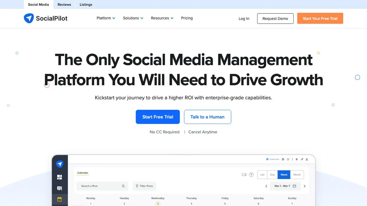 SocialBee alternatives: SocialPilot homepage showing its social media management platform