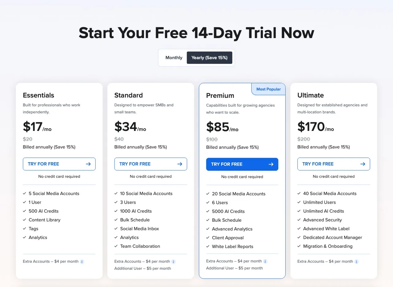 Best Sendible alternatives: SocialPilot pricing page with Essentials, Standard, Premium, and Ultimate tiers