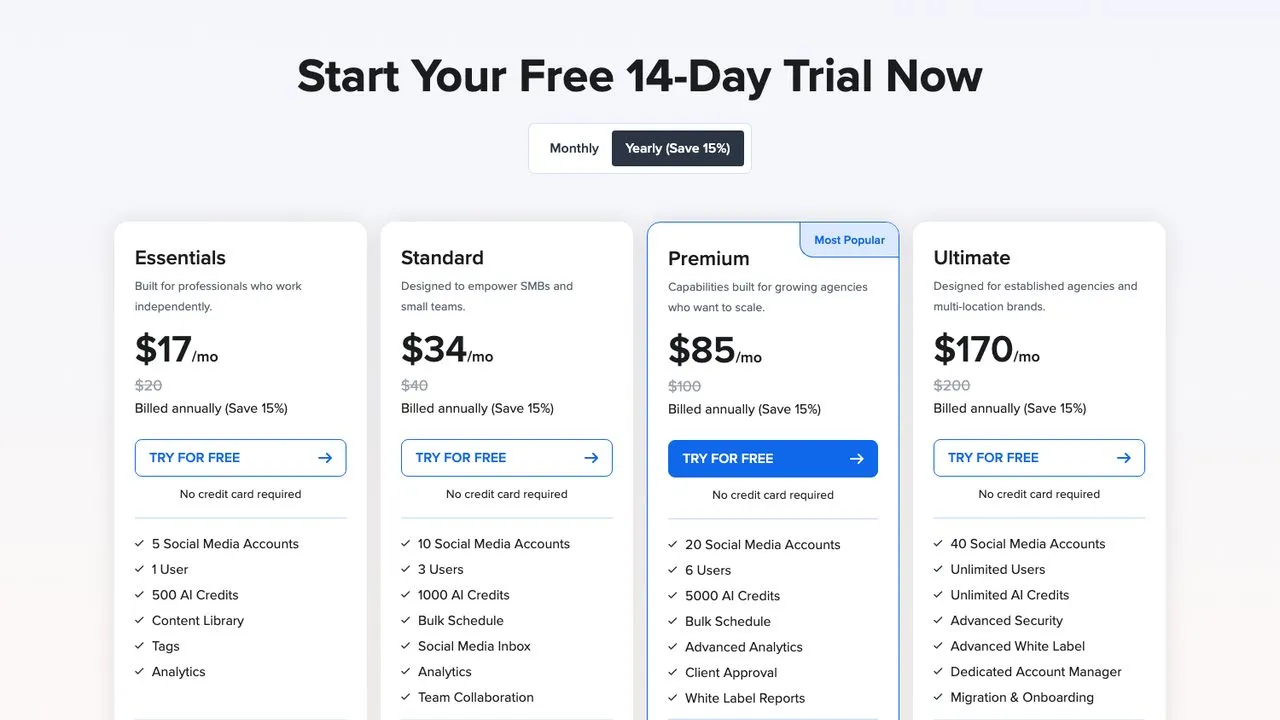 Metricool alternative SocialPilot pricing page showing agency plans with extra account rates
