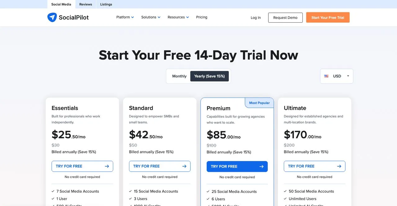 Instagram automation tools: SocialPilot pricing page showing Essentials through Ultimate plans
