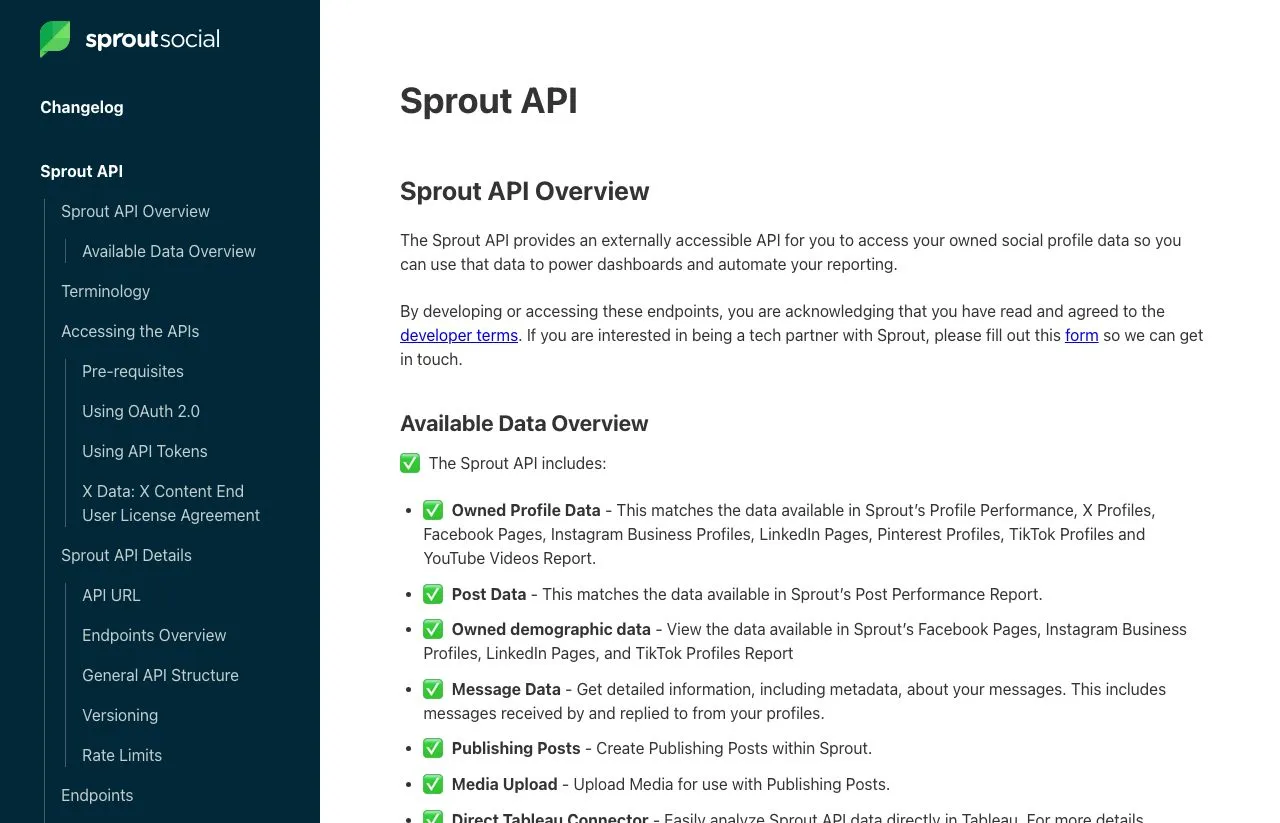Sprout Social API documentation listing available data including owned profile data, post data, message data, publishing posts and media upload