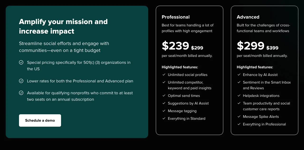 Sprout Social nonprofit pricing showing Professional at $239 down from $299 and Advanced at $299 down from $399 per seat per month billed annually