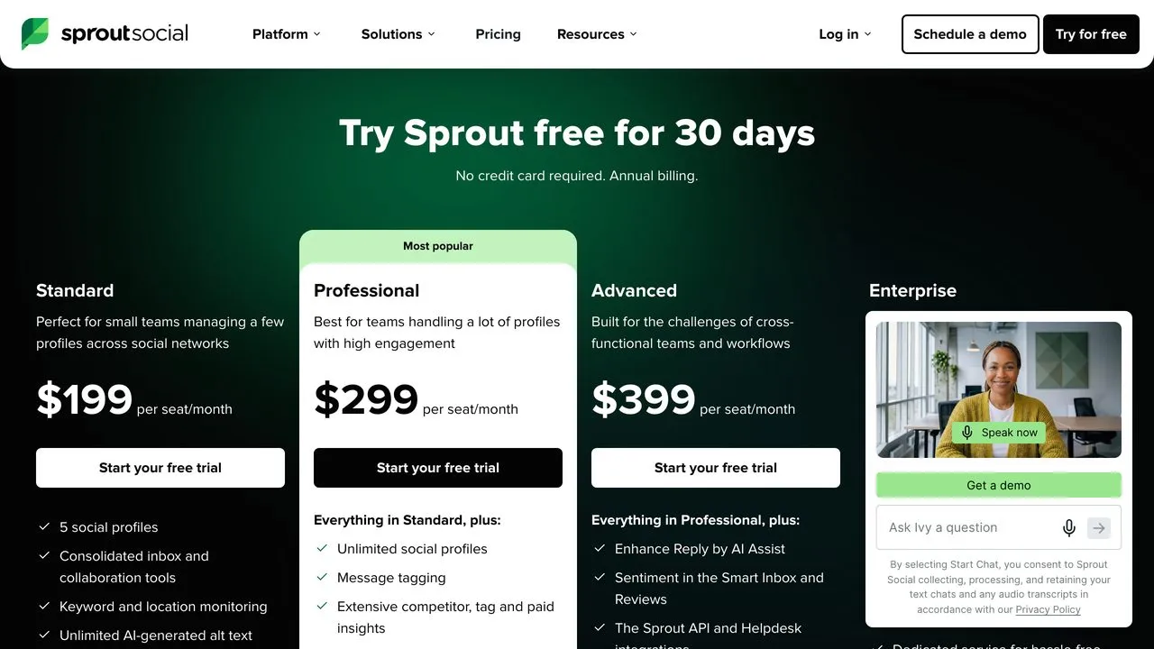 Sprout Social per-seat pricing page, the premium tier of social media tools for agencies