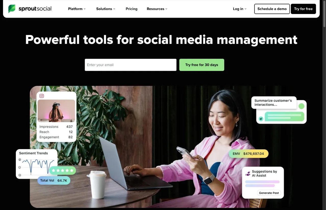 Hootsuite alternative Sprout Social homepage showing enterprise-grade social listening and analytics