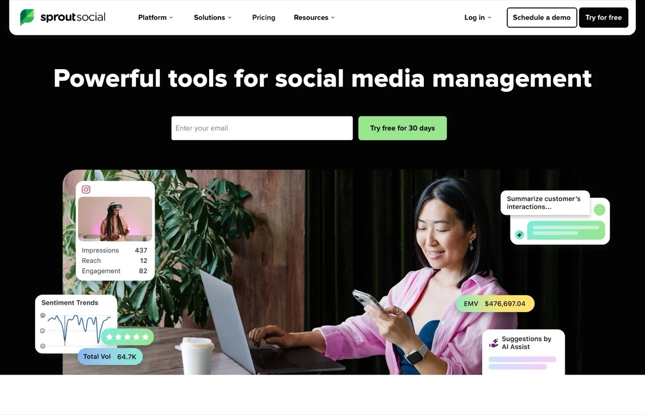 Buffer alternative Sprout Social homepage showing enterprise social listening and analytics platform