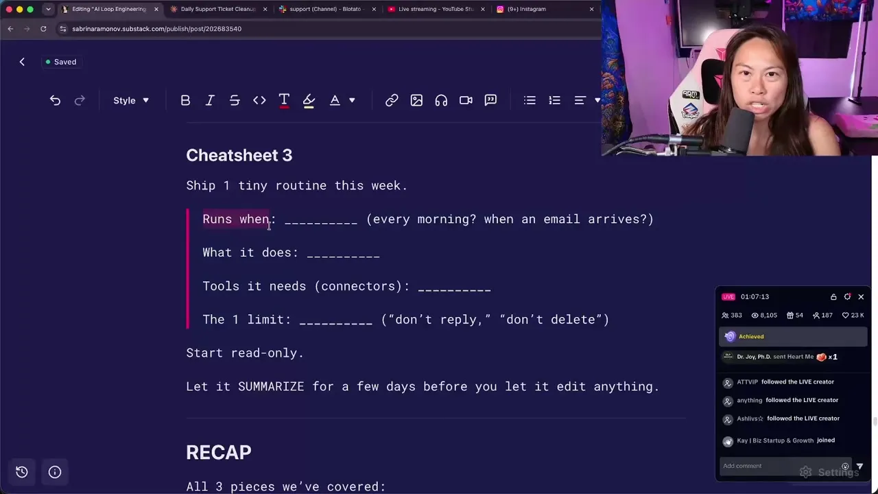 The video's cheatsheet: ship one tiny routine this week, defining when it runs, what it does, the connectors it needs, and the one limit. Start read-only. Let it summarize for a few days before you let it edit anything.