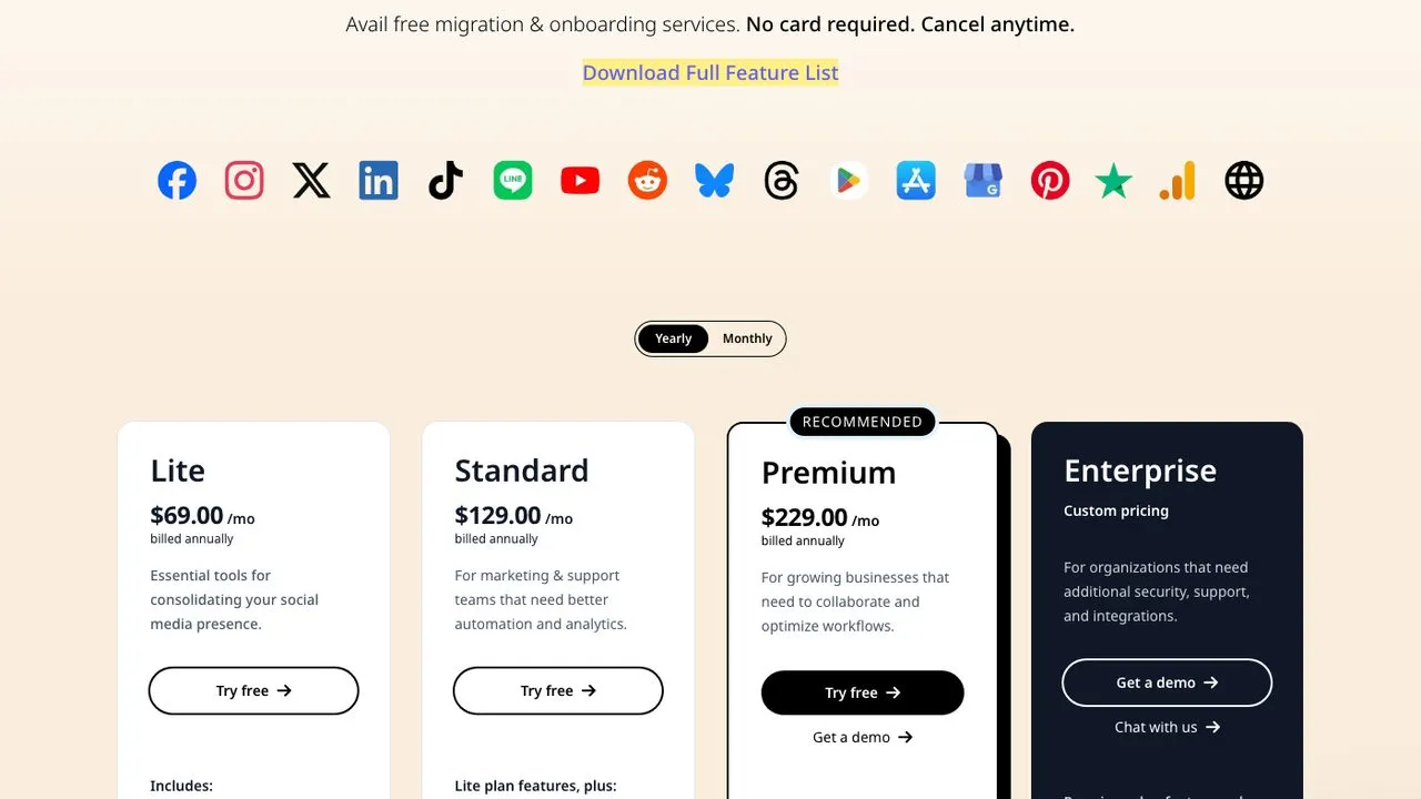 Statusbrew pricing page showing Lite at $69 a month billed annually