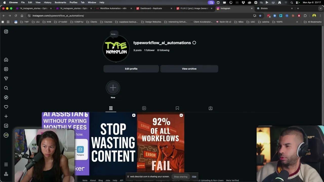 Instagram profile typeworkflow_ai_automations showing AI-generated Stories published through the automation workflow as feed posts.