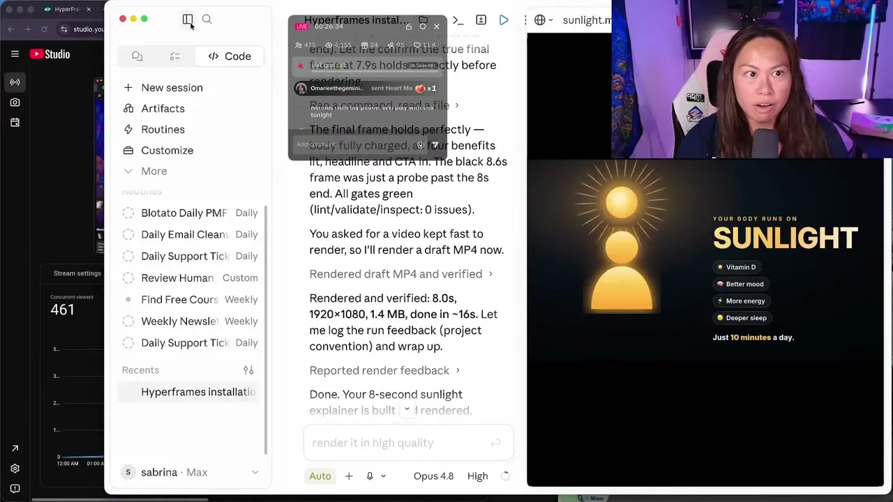The rendered sunlight explainer video on the right, showing Your Body Runs On Sunlight with vitamin D and mood benefits, next to the Claude chat confirming the MP4.