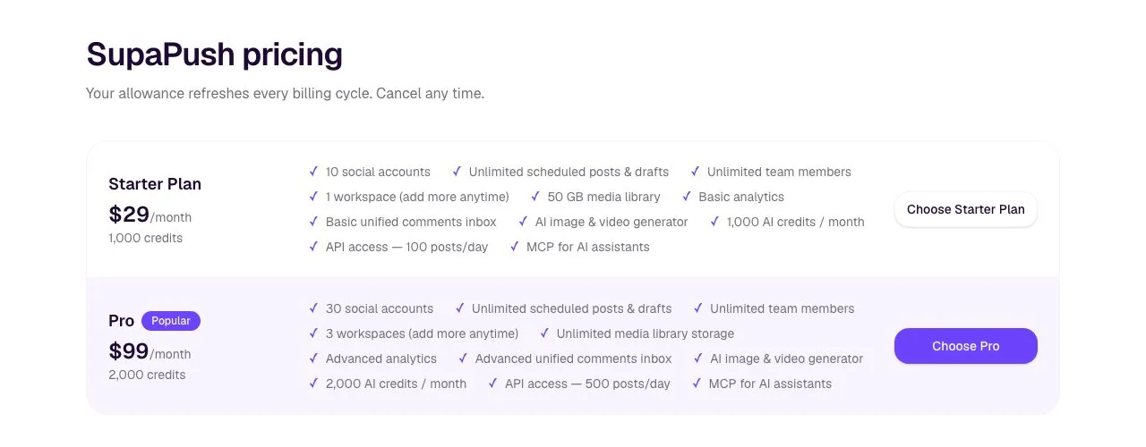 SupaPush's pricing page: Starter at $29 a month with 10 social accounts and Pro at $99 a month with 30, both listing unlimited team members, API access and MCP.