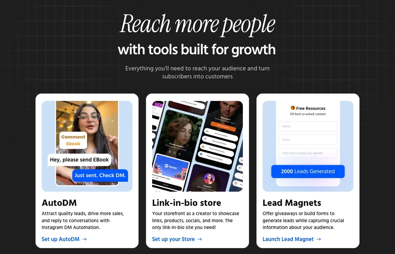 SuperProfile's AutoDM card: under a Reel prompting viewers to comment "Ebook," a follower asks for the ebook and the reply reads "Just sent. Check DM."