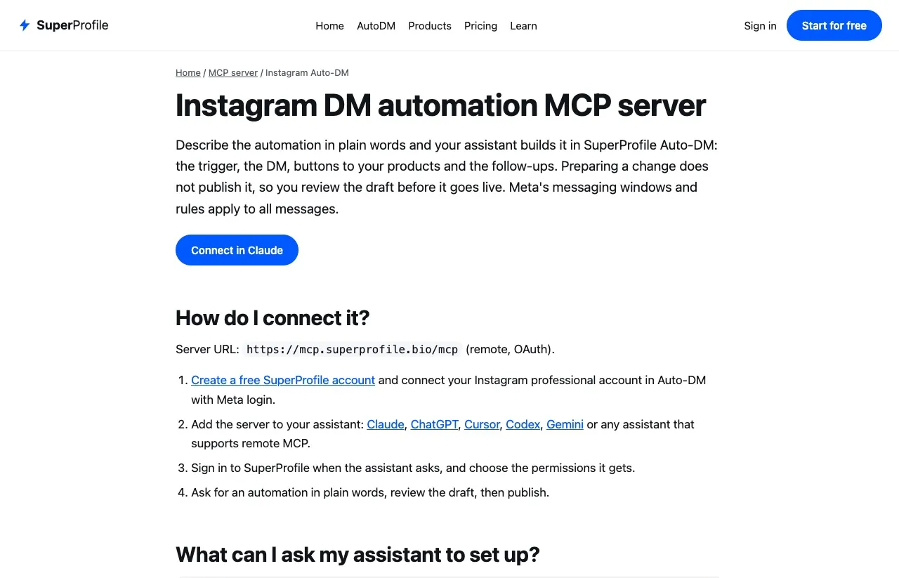 SuperProfile's Instagram DM automation MCP page: add the server to Claude, ChatGPT, Cursor or Codex, sign in, and review each draft the assistant prepares.