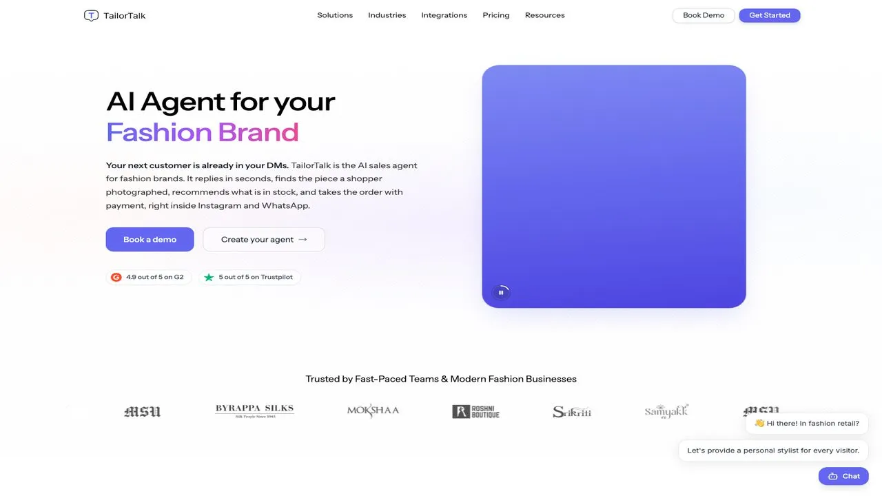 Instagram automation tools: TailorTalk homepage showing its AI sales agent for Instagram