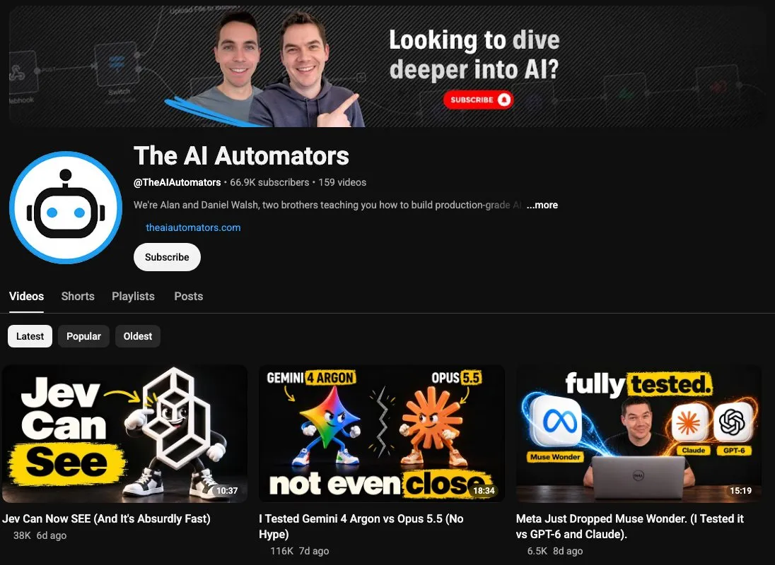 The AI Automators YouTube channel, run by brothers Alan and Daniel Walsh