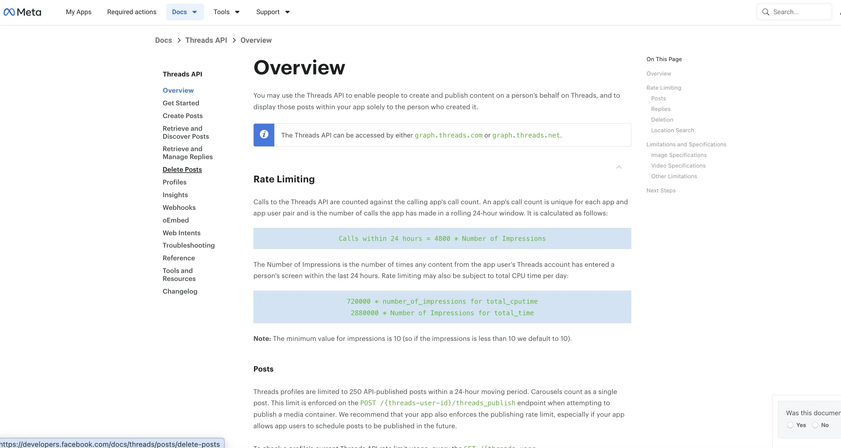 Meta's official Threads API overview page on developers.facebook.com.