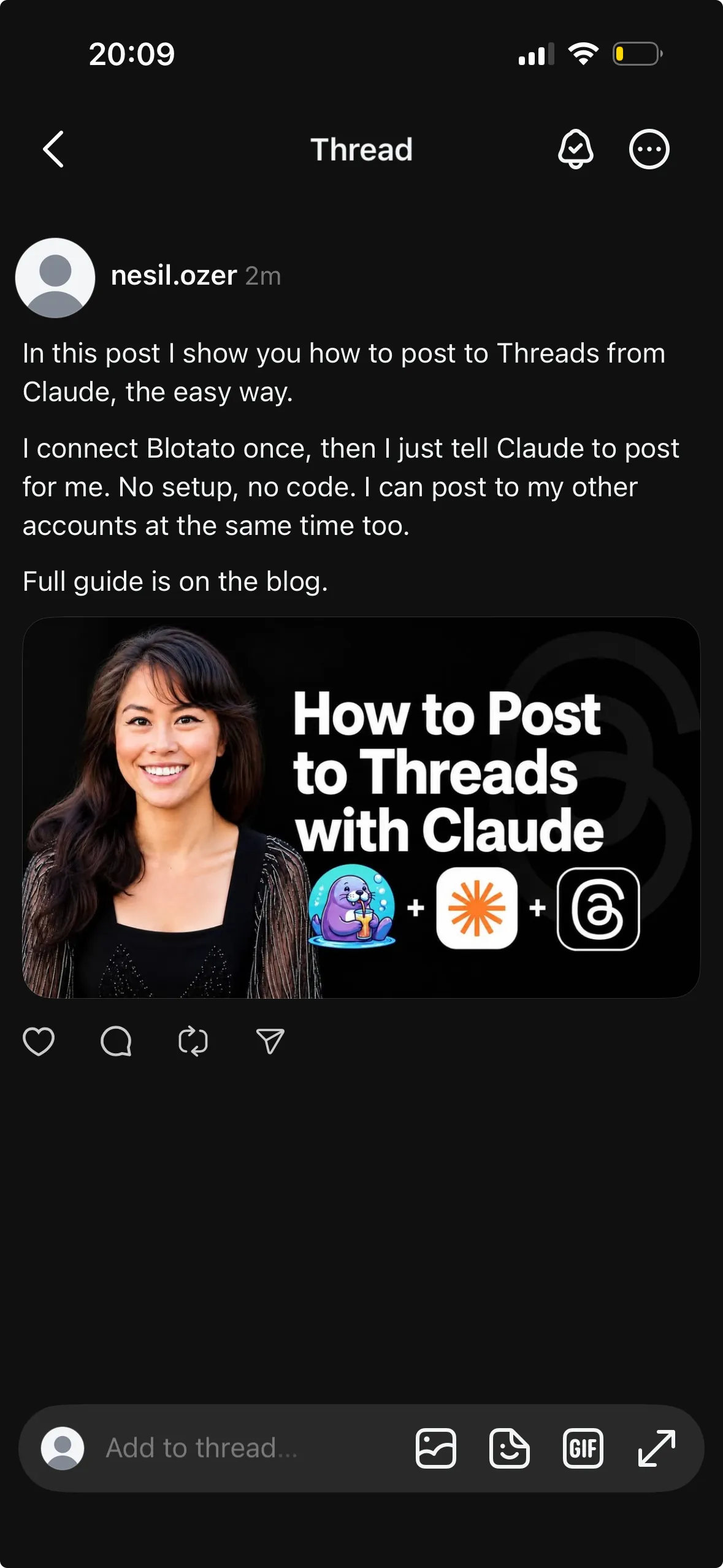 A Threads post published live from a Claude prompt through the Blotato MCP server