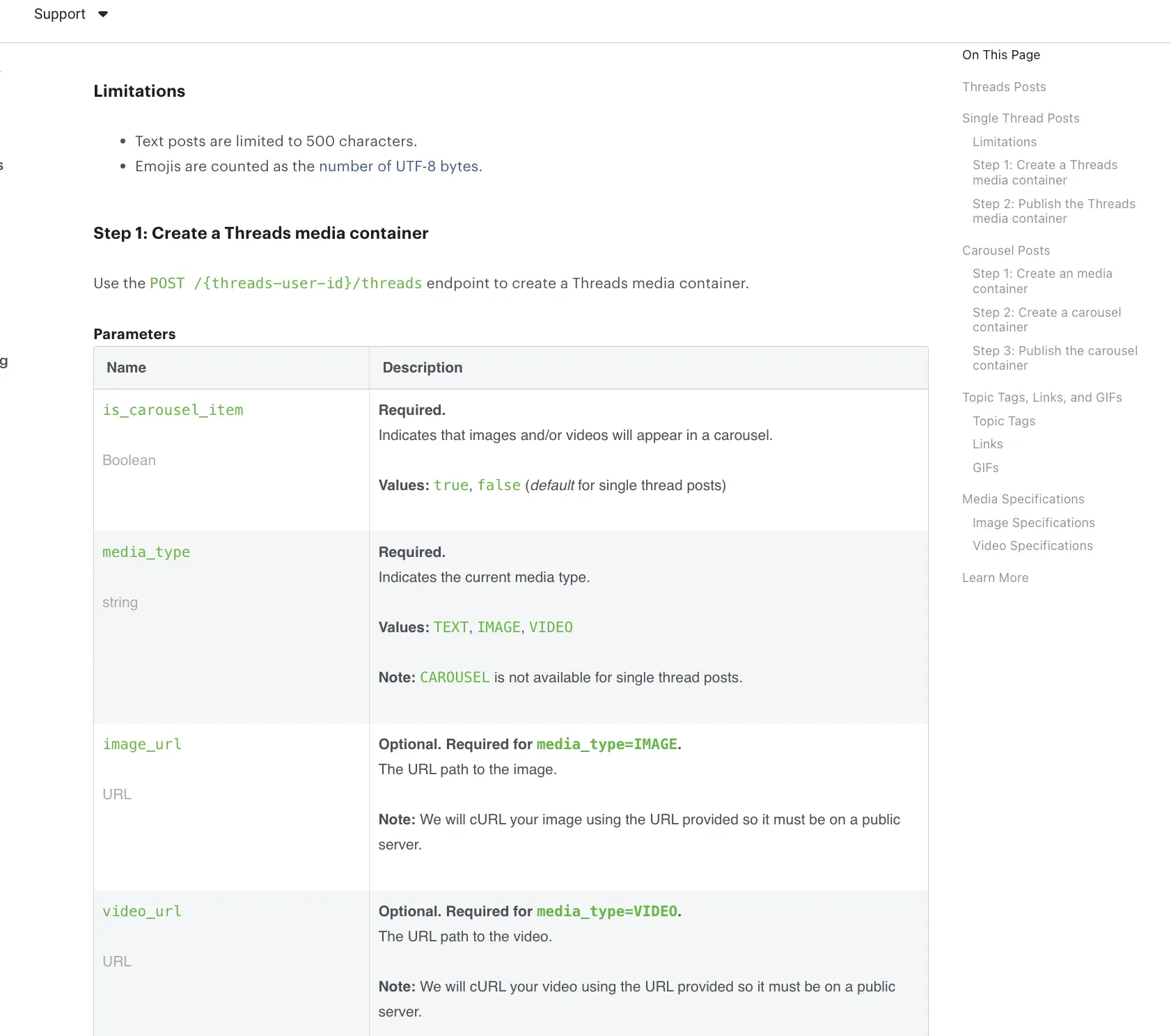 Meta's Threads posts Limitations section: 500-character cap, the emoji UTF-8 byte note, carousel and media specs.