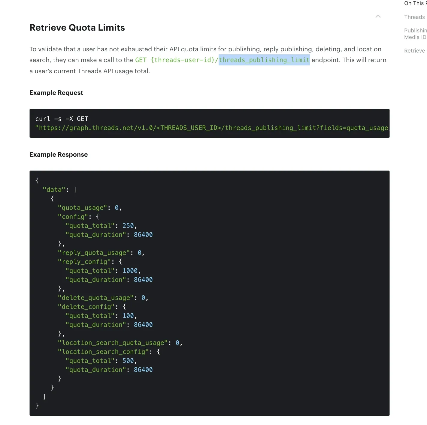 Meta's threads_publishing_limit endpoint reference, showing the usage and config fields the API returns.
