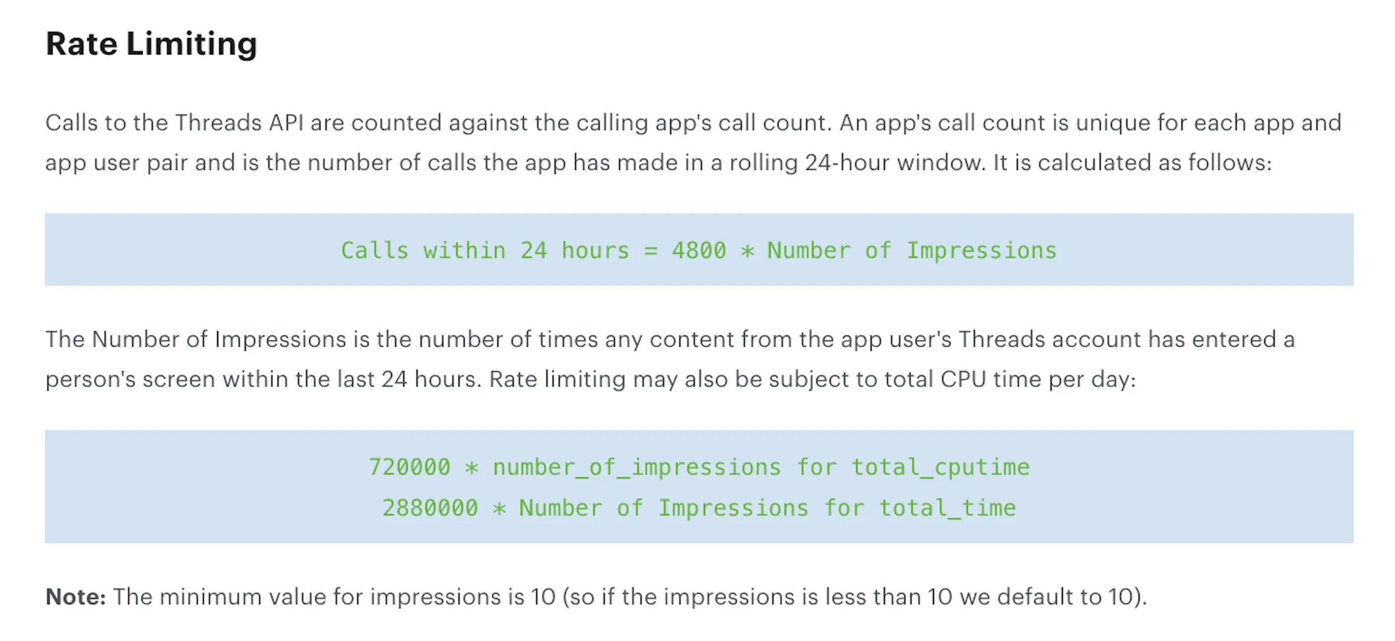 Meta's Threads API rate-limit formula on the official overview page (4,800 × impressions, with 720,000 and 2,880,000 CPU multipliers).