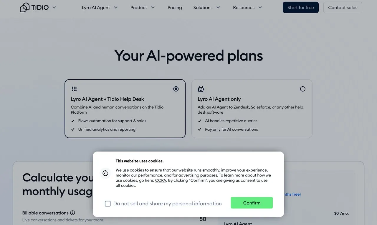 Manychat alternatives: Tidio pricing page showing Starter, Growth and Plus plans