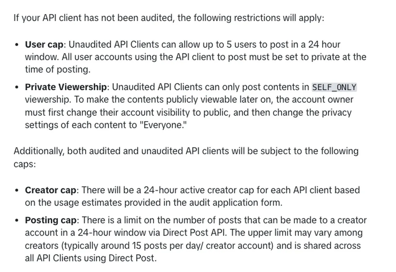 TikTok's developer documentation showing the posting restrictions that apply to unaudited API clients, including private-only viewership and per-creator posting caps.