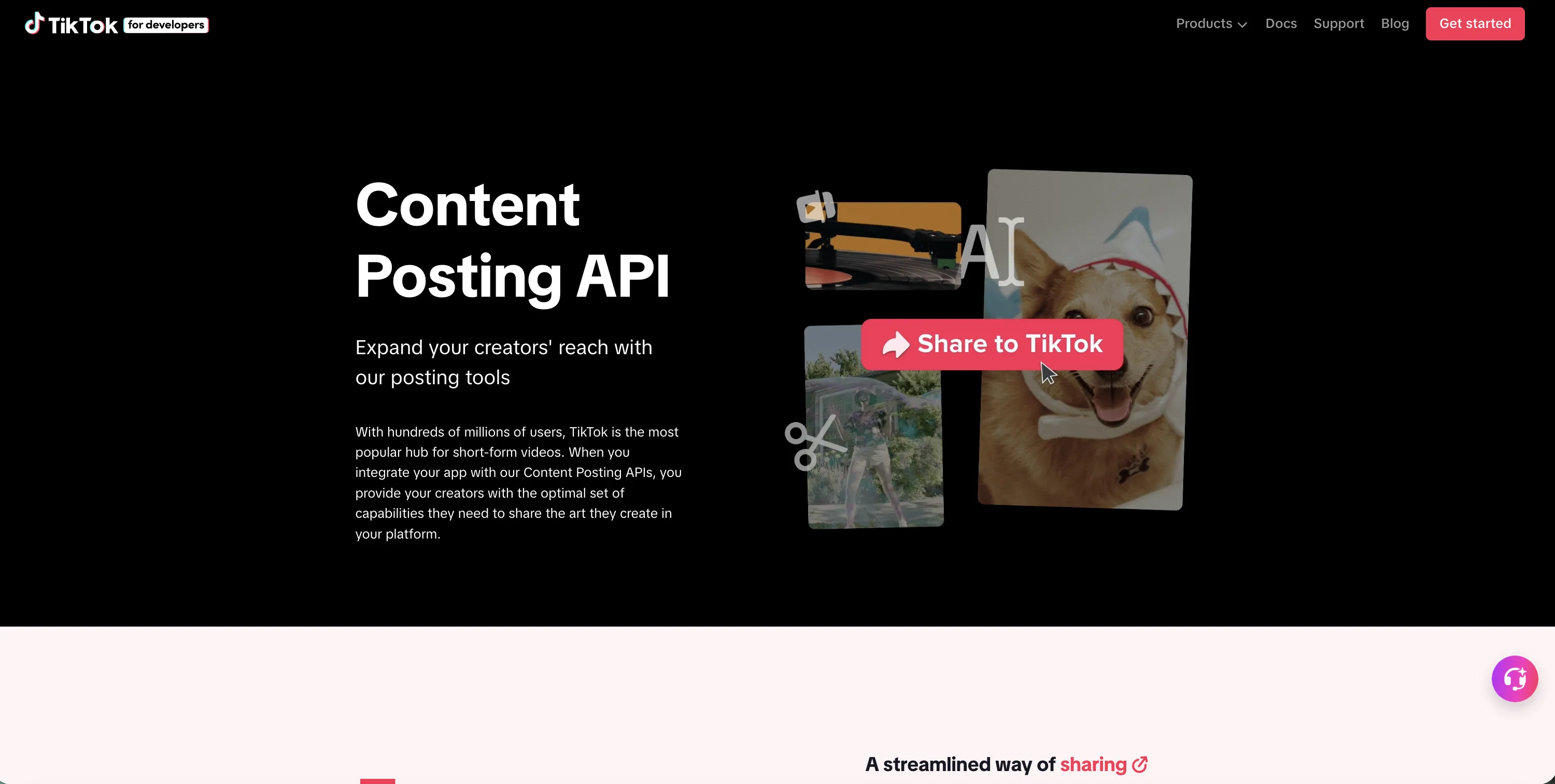 TikTok's official Content Posting API product page on developers.tiktok.com, showing the Direct Post and Upload flows alongside the supported scopes and audit requirement.