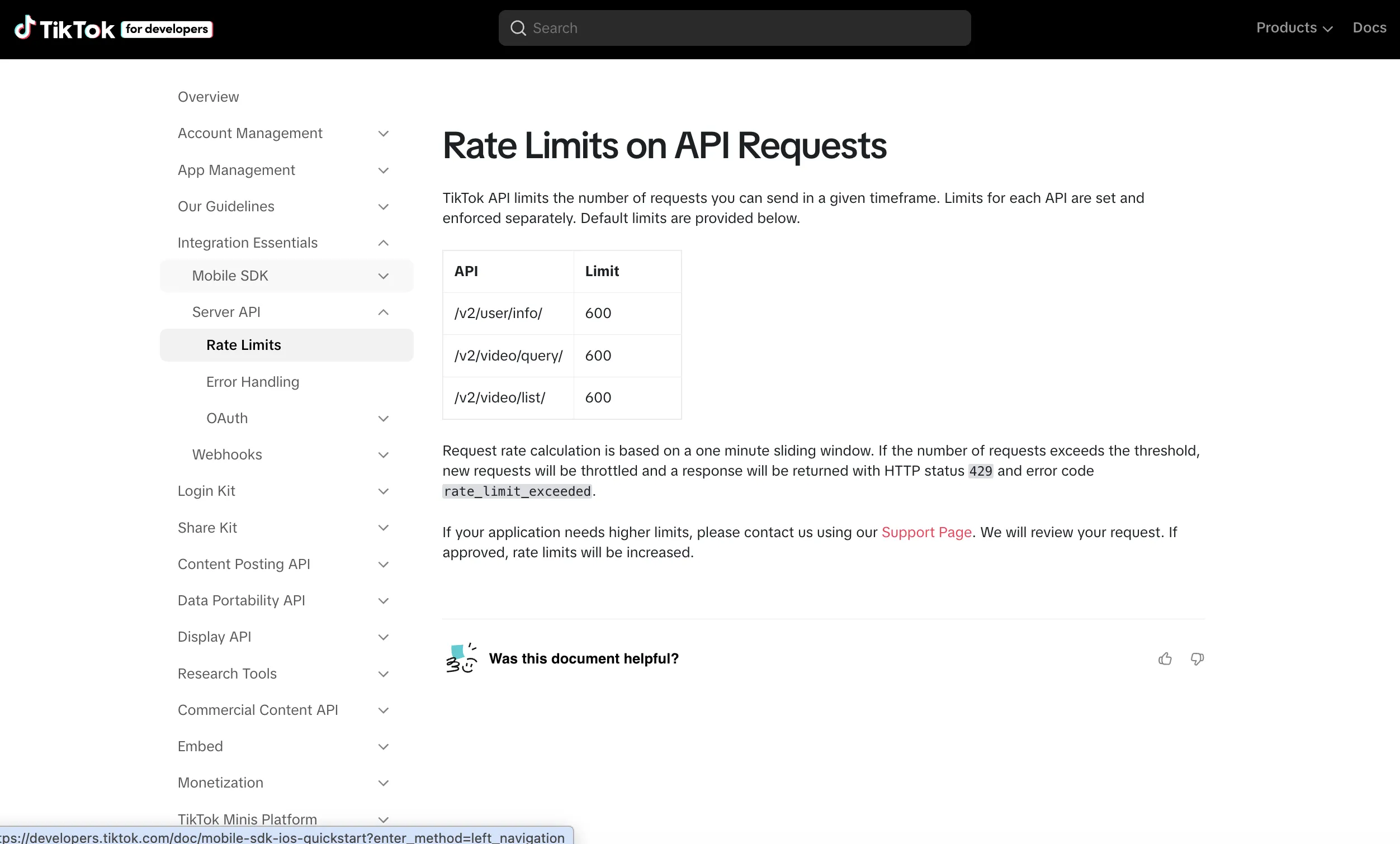 TikTok's official API v2 rate-limit doc on developers.tiktok.com, showing the 600 requests per minute per endpoint sliding-window cap and the 429 rate_limit_exceeded response.